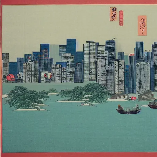 Prompt: ukiyo - e painting of the skyline of singapore hdb