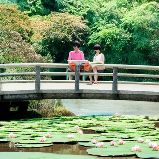 Prompt: a couple sitting on the bridge close to the river with a lot of water lily made by studio ghibli