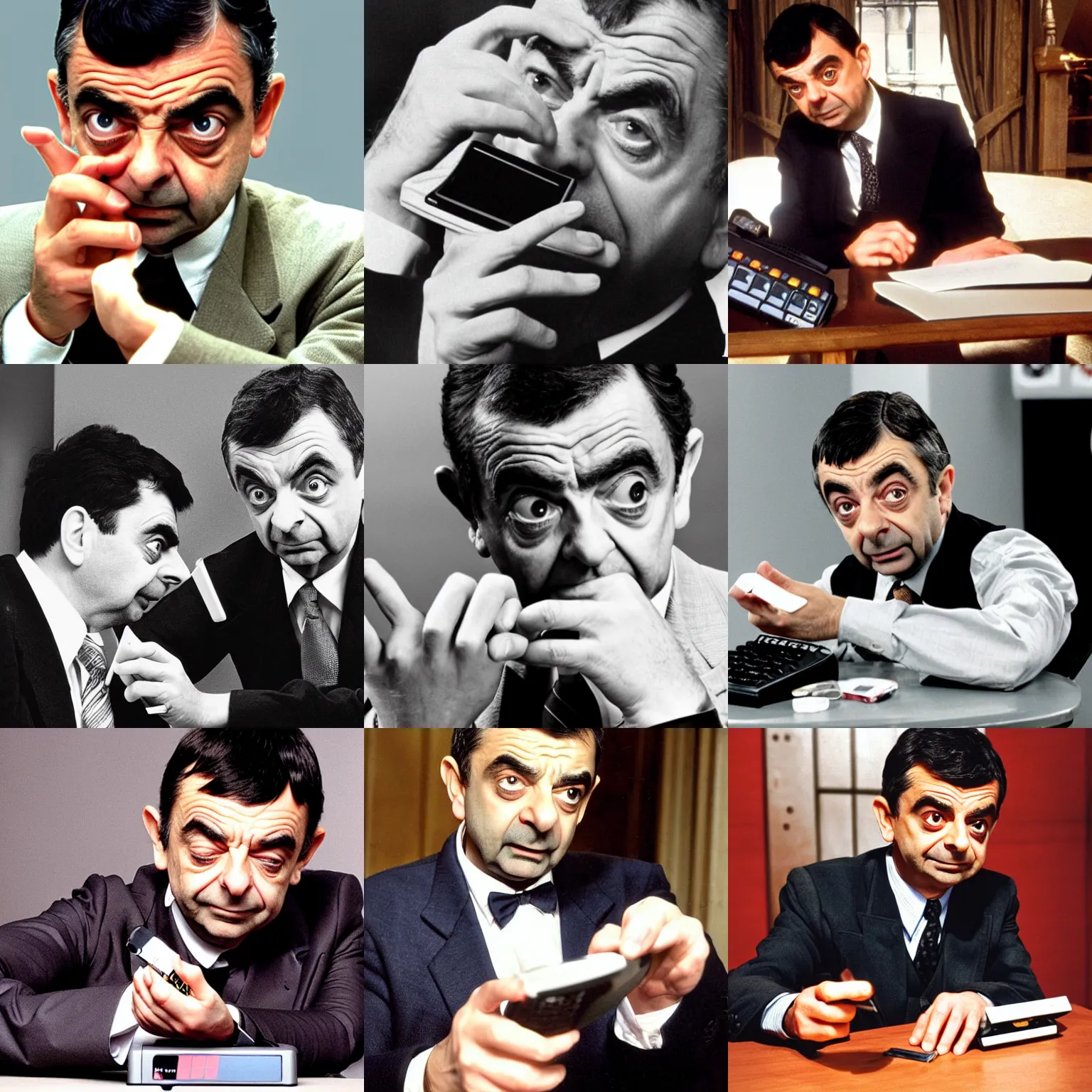 Prompt: dramatic photo of rowan atkinson as mr bean struggling to use a casio scientific calculator, close up