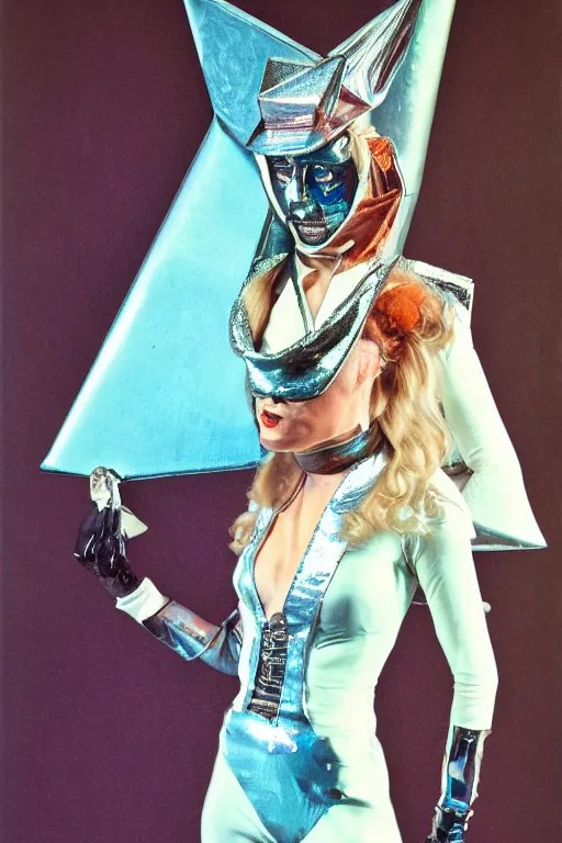 Image similar to portrait davis taylor brown dressed in 1 9 8 1 space fantasy fashion, avante garde, shiny metal