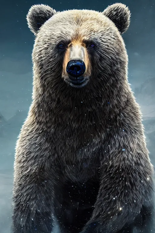 Image similar to a portrait of a crystalized bear by Greg Rutkowski, Sung Choi, Mitchell Mohrhauser, Maciej Kuciara, Johnson Ting, Maxim Verehin, Peter Konig, final fantasy , mythical, 8k photorealistic, cinematic lighting, HD, high details, atmospheric,