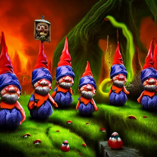 Image similar to a portrait of a scary evil nightmare gnomes in a poison mushroom village, highly detailed, digital photo, hdri, by christopher bretz and john carpenter, vivid colors, high contrast, 8 k resolution, intricate, photorealistic, smooth, psychedelic color scheme, concept art, award winning, cg society contest winner