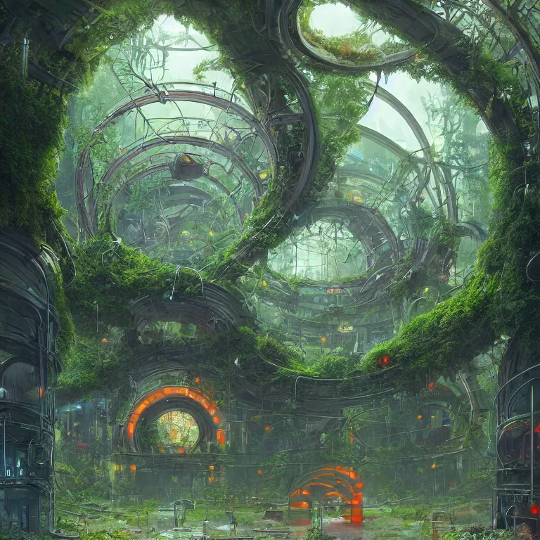 Prompt: a circle portal structure built out of plants,mushrooms, trees, curves, arches, bright cyberpunk glow, epic surrealism, forest green, orange, lime green, dull red, pale blue, Detailed digital matte painting in the style of simon stalenhag, Greg Rutkowski and Greg Hildebrandt artstation