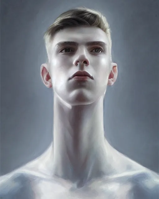 Image similar to portrait of 1 5 - year - old boy, a tall, slender boy with a pale, pointed face, sleek blond hair, and ice grey eyes, cold grey eyes, highly detailed, digital painting, artstation, concept art, smooth, sharp focus, illustration, art by artgerm and greg rutkowski and alphonse mucha