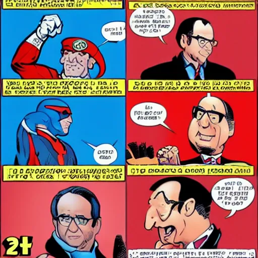 Image similar to francois hollande is a super hero of dc comics, movie atmosphere