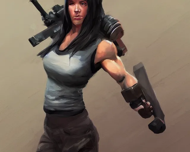 Prompt: portrait of a female bodybuilder bodyguard in team fortress 2 style, epic, tragic, dark fantasy art, fantasy, pretty, hd shot, digital portrait, beautiful, artstation, comic style, by artgerm, guy denning, jakub rozalski, magali villeneuve and charlie bowater