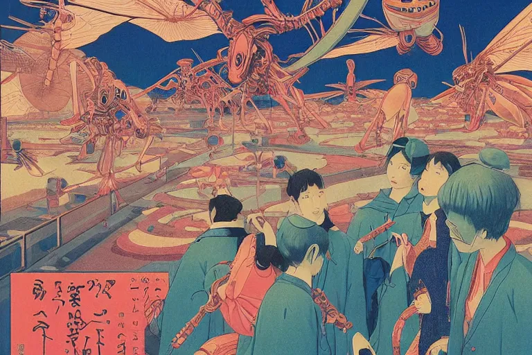 Image similar to gigantic dragonflies with human faces catch tiny robots, a lot of exotic mechas robots around, human heads everywhere, risograph by kawase hasui, dirtyrobot, edward hopper, satoshi kon and moebius, colorful flat surreal design, super - detailed, a lot of tiny details, fullshot