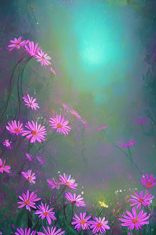 Prompt: beautiful digital matter cinematic painting of whimsical botanical illustration daisies and pearls by greg rutkowki and alena aenami artstation