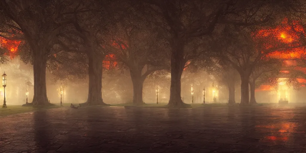 Image similar to beautiful render of glorious palace gardens, by lee madgwick and hubert robert, blade runner style, orange glow, vivid color, moody lighting, unreal engine, foggy