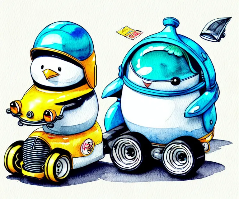 Image similar to cute and funny, penguin wearing a helmet riding in a tiny hot rod with an oversized engine, ratfink style by ed roth, centered award winning watercolor pen illustration, isometric illustration by chihiro iwasaki, edited by range murata, tiny details by artgerm and watercolor girl, symmetrically isometrically centered, sharply focused