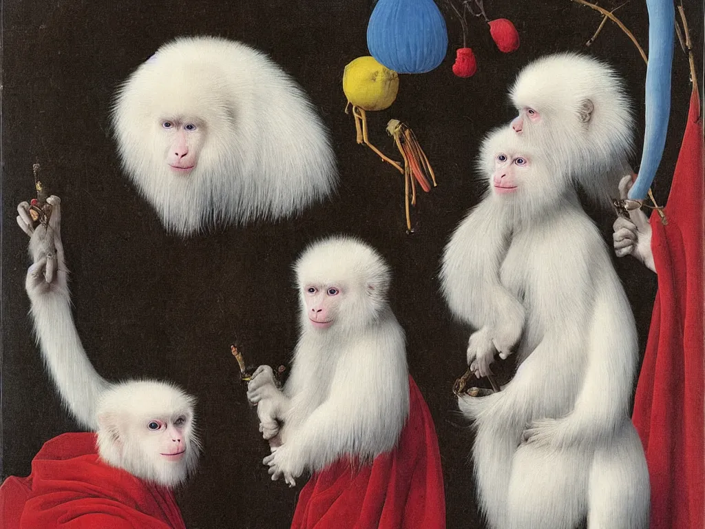 Prompt: Portrait of albino mystic with blue eyes, with exotic beautiful Japanese macaque. Painting by Jan van Eyck, Audubon, Rene Magritte, Agnes Pelton, Max Ernst, Walton Ford