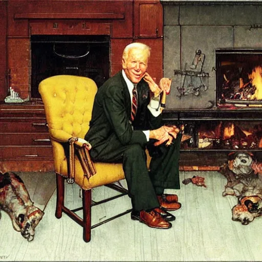 Image similar to a portrait painting by Norman Rockwell of Joe Biden sitting in a chair. Cozy fire. hands on arm rests. Legs apart