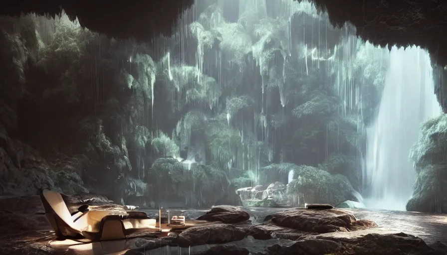 Image similar to a futuristic apartment interior inside a waterfall cave, plants, tiger skin carpet high ceiling, dark moody lighting, foggy atmosphere, 16mm lens, by craig mullins, octane rendering