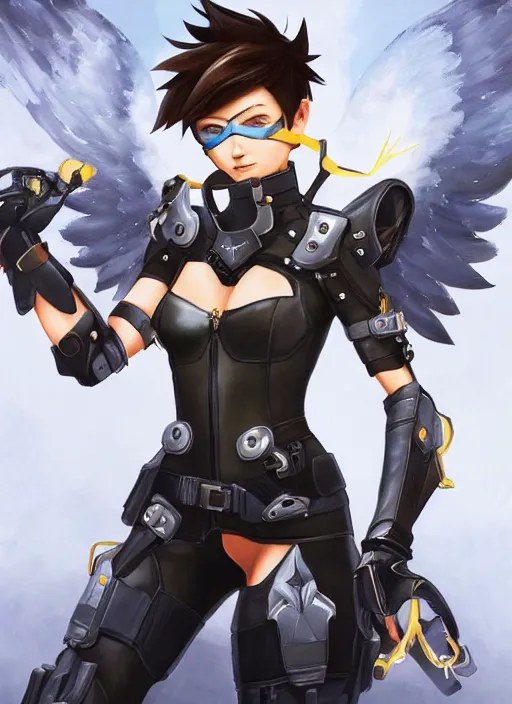 Image similar to full body artwork of tracer overwatch wearing leather collar, angel wings, dramatic painting, symmetrical composition, wearing detailed leather collar, black shiny armor, chains, black harness, detailed face and eyes,