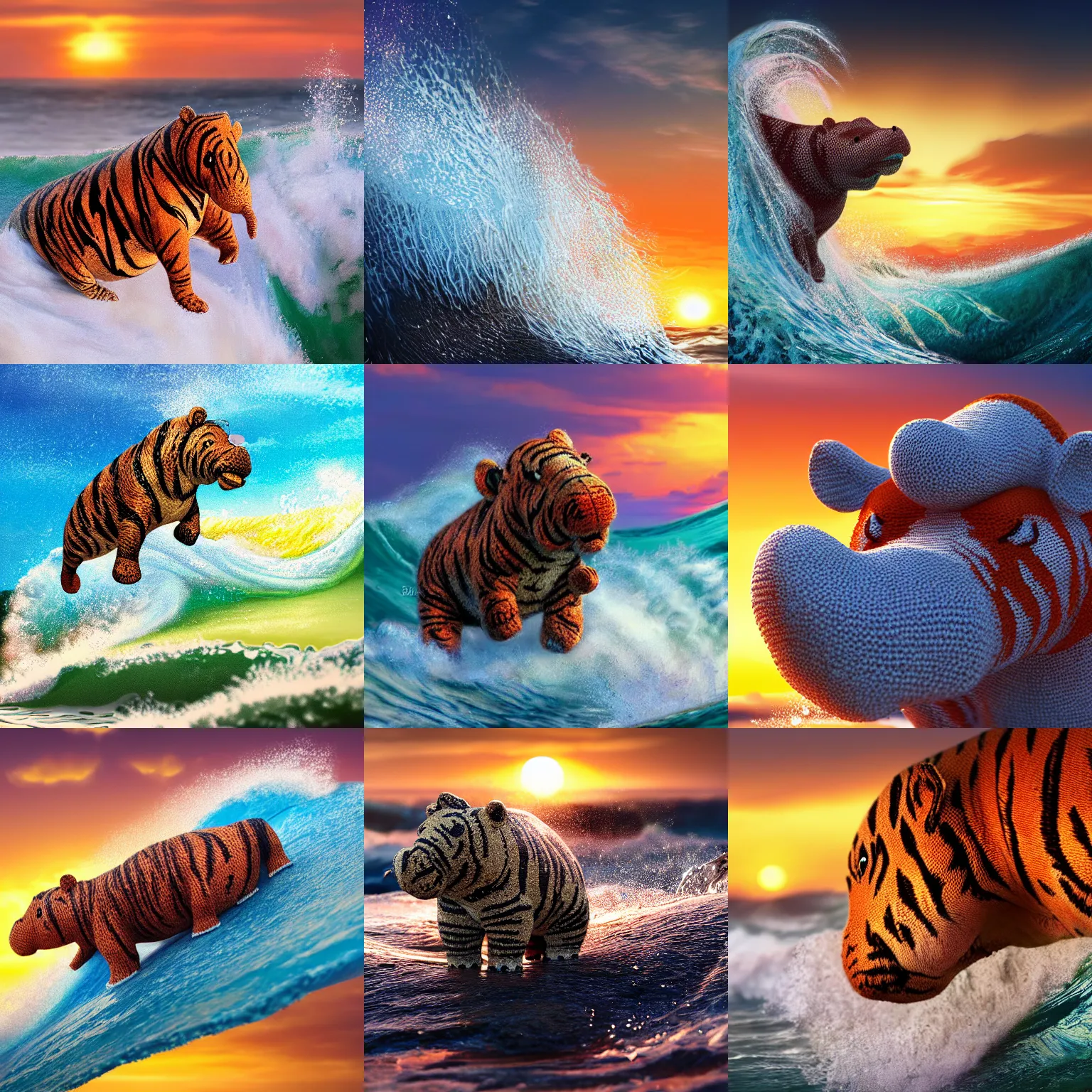 Prompt: a closeup photorealistic photograph of a cute knitted tiger hippopotamus riding an epic wave at sunset. well textured. surf in the background. professional capture. brightly lit scene. this 4 k hd image is trending on artstation, featured on behance, well - rendered, extra crisp, features intricate detail, epic composition and the style of unreal engine.