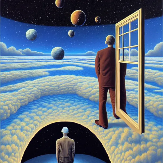 Image similar to an oil on canvas portrait of a man realizing he is the one with the universe, surrealism, surrealist, cosmic horror, rob gonsalves, high detail