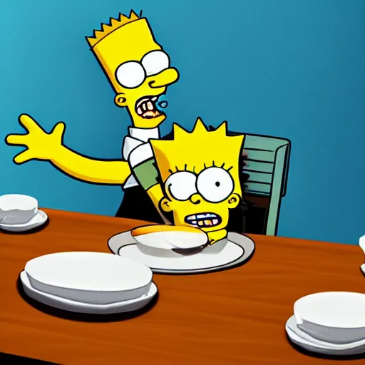 Image similar to Bart Simpson as a real boy surfing the imaginary wave on the kitchen table at breakfast, digital art, by ROSS tran, 4k