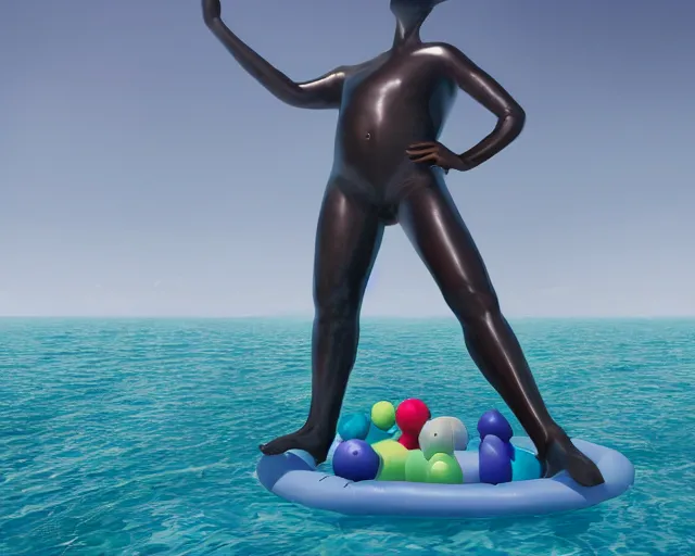 Image similar to a long shot of a giant award winning sculpture made out of inflatable pool toys in the shape of a human head, on the surface of the ocean, in the style of chad knight, hyper detailed, hyper realistic, ray tracing, 8 k resolution, sharp focus, realistic water