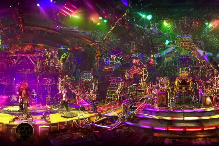 Prompt: a concert stage with audience, on stage is a rockband with 3 steampunk robots with guitars and drums, center of the stage is a big futuristic steampunk generator with gears and belts and tubes, laser show, 8 k, fluorescent colors, halluzinogenic, multicolored, exaggerated detailed, unreal engine