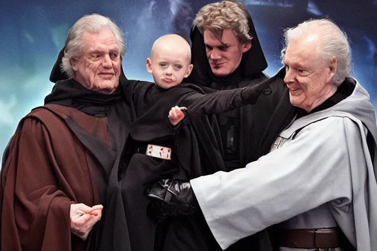 Image similar to palpatine senator holding anakin for the jedi order to chew on until he becomes darth vader and destroys the jedi order