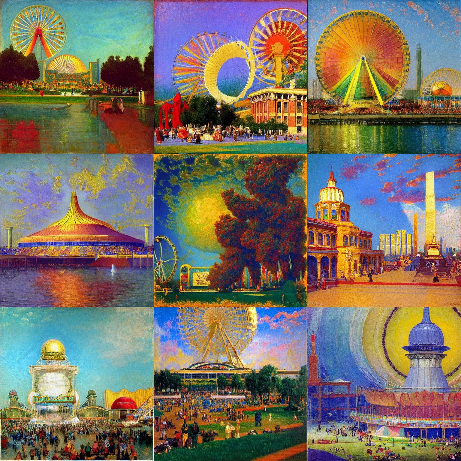 Prompt: “colorful impasto artwork of the chicago worlds fair 1893 as painted by William Godward, Albert Bierstadt, and Ivan Shishkin”