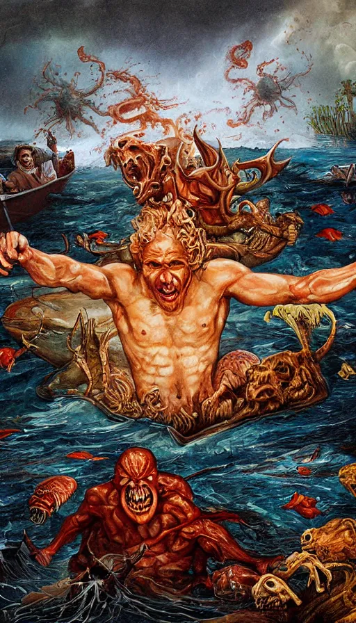 Image similar to man on boat crossing a body of water in hell with creatures in the water, sea of souls, by steve argyle