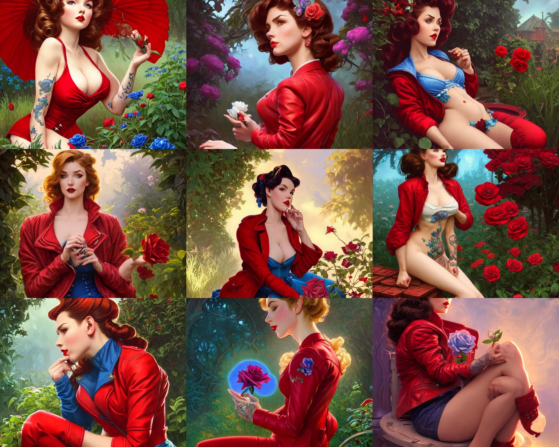 Prompt: red jacket tattooed pinup american girl sits on a garden smelling a blue rose, deep focus, turnaround, fantasy, intricate, elegant, highly detailed, digital painting, artstation, concept art, matte, sharp focus, illustration, hearthstone, art by artgerm and greg rutkowski and alphonse mucha.