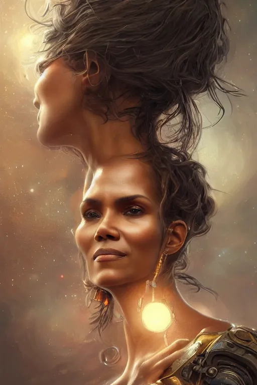 Image similar to portrait oils, beautiful female hybrid cyborg halle berry regal, realistic, refined, detailed, digital art, jessica rossier, michael cheval, esao andrews, steampunk, walt disney, francois boucher, oil painting, highly detailed, cinematic lighting, unreal, natural