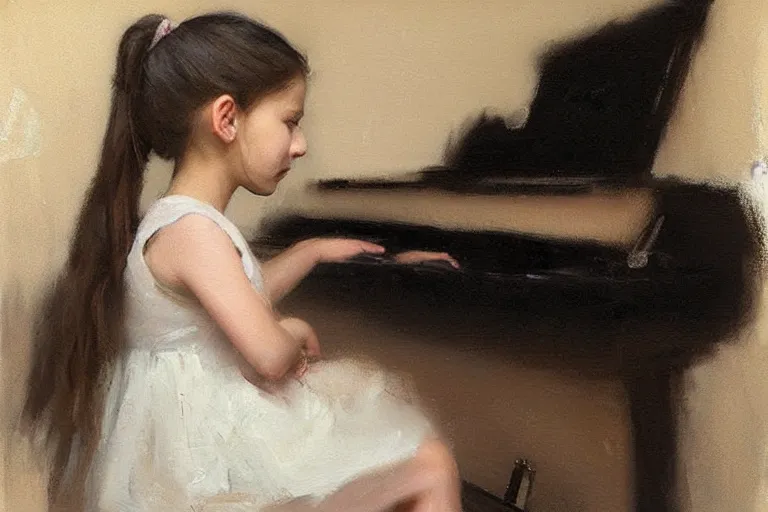 Image similar to “ little girl, pigtails hairstyle, practicing at the piano, jeremy lipking, casey baugh ”