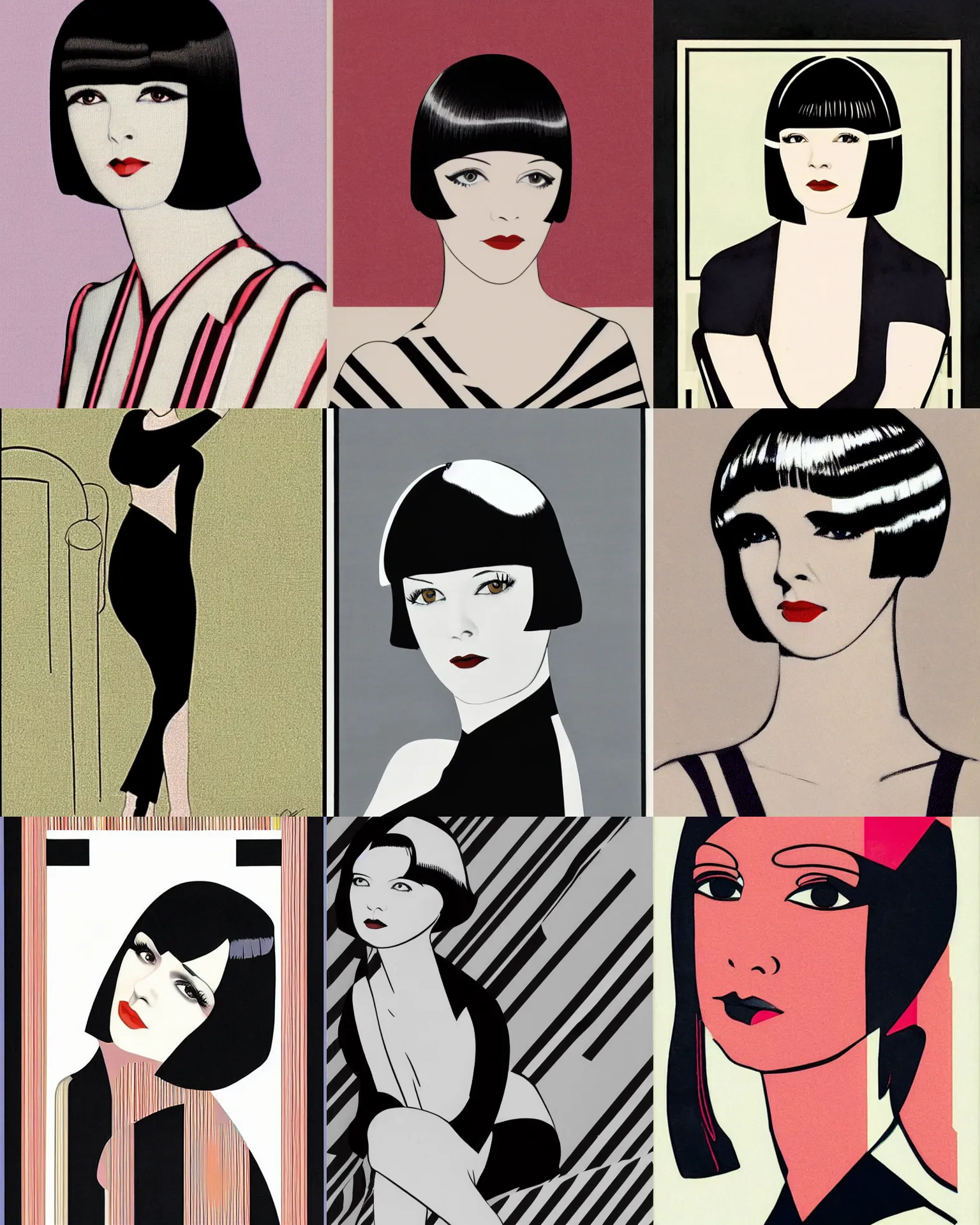 Prompt: mary louise brooks 2 0 years old, bob haircut, pantone marker portrait by patrick nagel, 1 9 2 0 s, straight lines, art deco stripe pattern, right angles