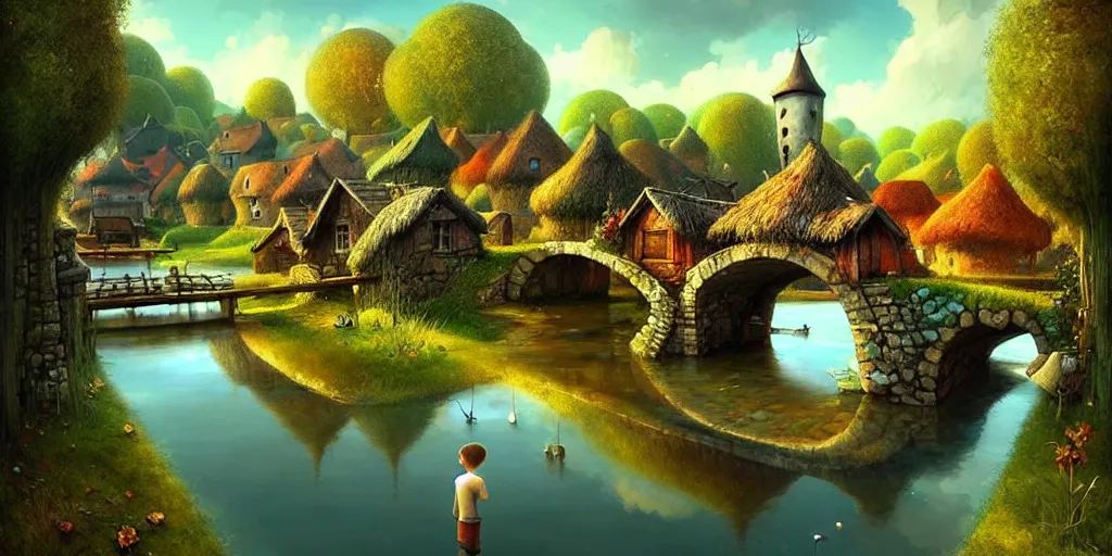 Image similar to amazing detailed village with a river, water, reflection, stone bridge, art by Yohann Schepacz, art by Gediminas Pranckevicius, art by Esao Andrews