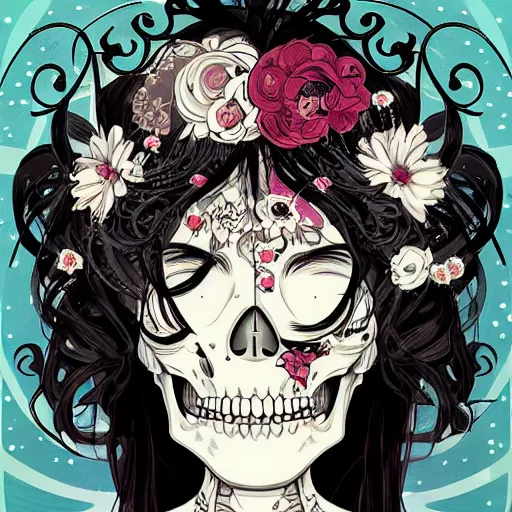 Prompt: anime manga skull portrait woman hair floral comic skeleton illustration style by Alphonse Mucha and James Jean and Sainer Etam pop art nouveau