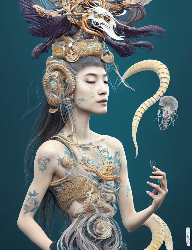 Image similar to 3 d slvic goddess half - turn portrait with long hair with ram skull. beautiful intricately detailed japanese crow kitsune mask and clasical japanese kimono. betta fish, jellyfish phoenix, bio luminescent, plasma, ice, water, wind, creature, artwork by tooth wu and wlop and beeple and greg rutkowski