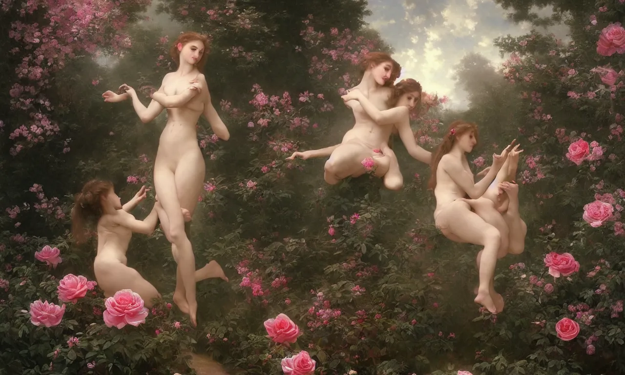 Prompt: a luminous springtime fairytale of beautiful realistic woman with a pretty face dancing with an iridescent dragon in a romantic rose garden. Neon light, masterpiece 4k digital illustration by Artgerm and William-Adolphe Bouguereau, award winning, Artstation, Gustave Dore\' background, intricate details, realistic, panoramic view, volumetric lighting, Hyperdetailed, 8k resolution, intricate art nouveau, golden hour, rendered in Unreal Engine 3