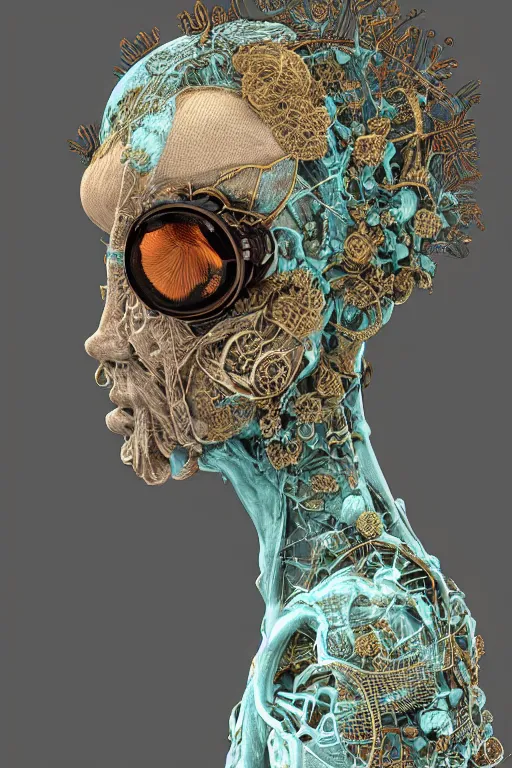 Prompt: complex 3d render ultra detailed of a beautiful dirty porcelain old woman face, rusty biomechanical cyborg, analog, 150 mm lens, beautiful natural soft rim light, big leaves and stems, roots, fine foliage lace, turquoise gold details, Alexander Mcqueen high fashion haute couture, art nouveau fashion embroidered, steampunk, intricate details, mesh wire, mandelbrot fractal, anatomical, facial muscles, cable wires, microchip, elegant, hyper realistic, in front of dark flower pattern wallpaper, ultra detailed, octane render, volumetric lighting, 8k post-production