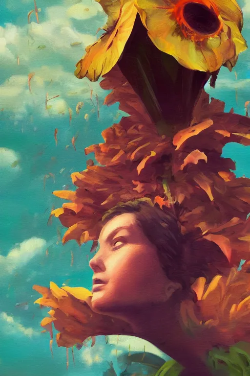 Prompt: closeup, girl with giant flower head, monsteras overhead, surreal photography, wind and cold, dramatic sky, impressionist painting, digital painting, artstation, simon stalenhag