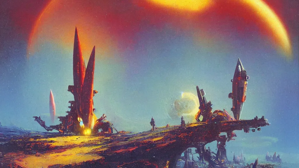 Prompt: a tall rocketship landing on a strange eerie alien planet by Paul Lehr and Bruce Pennington