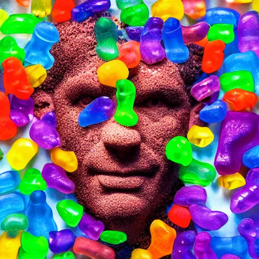 Image similar to a realistic human head sculpture made out of tons of gummy bears on the surface of the ocean, giant sculpture, in the style of chad knight, long shot, hyper detailed, hyper realistic, ray tracing, 8 k resolution, sharp focus, realistic water, award winning