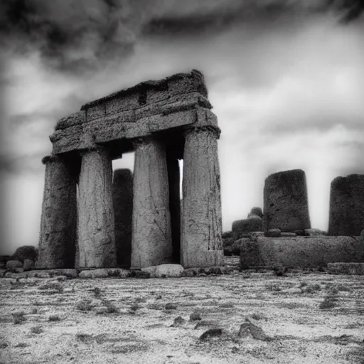 Image similar to a monolithic temple in a desert. overcast sky, grainy.