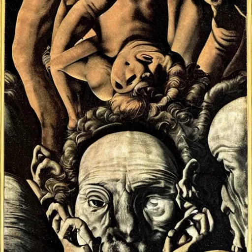 Prompt: the eyeless see all, by Caravaggio, by Michelangelo, by M.C. Escher, very detailed and colorful, beautiful, eerie, surreal, psychedelic