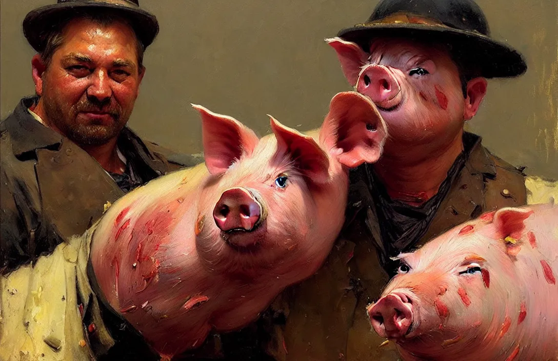 Image similar to portrait of pig butcher!!!!!!!!!!!!!!!!!!!!!!!!!!!, detailed face, detailed painting,, epic lighting, by ilya repin, phil hale and kent williams