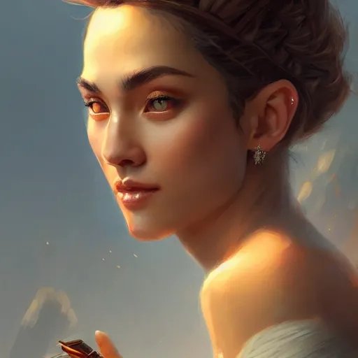 Prompt: portrait of a confident goddess, in modern era, upper body, D&D, intricate, cinematic lighting, highly detailed, digital painting, artstation, concept art, smooth, sharp focus, illustration, art by Artgerm and Greg Rutkowski