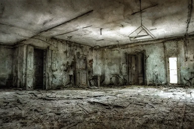 Image similar to matte paint andrey Tarkovsky stalker movie abandoned building interiors,