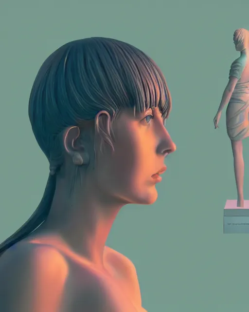 Image similar to a painting of a woman standing in front of a statue, a screenshot by stanley twardowicz, cgsociety, aestheticism, aesthetic, vaporwave, anime aesthetic