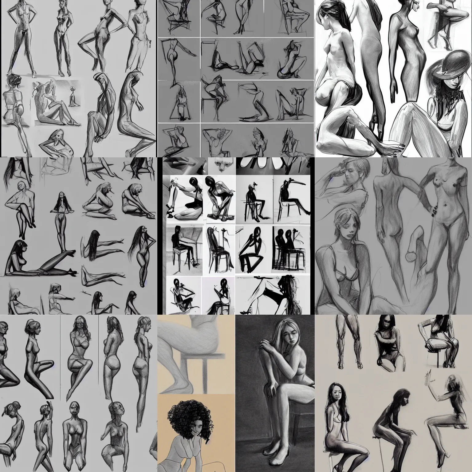 Prompt: references for figure drawing poses of a girl sitting down