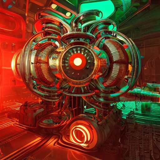 Image similar to album art, album name is tripmachine, photo of a huge futuristic steampunk motor inside a machinery, 8 k, fluorescent colors, halluzinogenic, multicolored, exaggerated detailed, front shot, 3 d render, octane