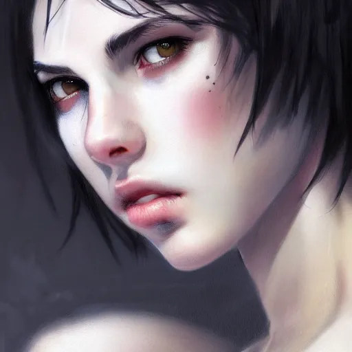 Image similar to a feminine boy with short dark hair, emo, digital art, photorealistic, 8 k resolution, beautiful face, feminine face,, very pretty face, very detailed eyes, by wlop, greg rutkowski