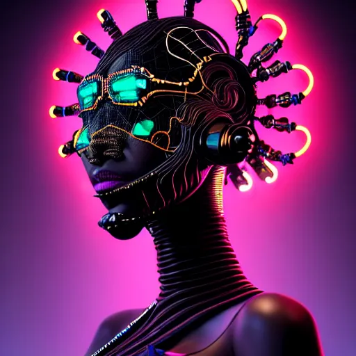 Image similar to portrait of an absurdly beautiful, graceful, sophisticated, fashionable black cyberpunk mechanoid gravure idol, hyperdetailed illustration by irakli nadar, maria borges, matt wisniewski style, intricate linework, dark black skin, neon jellyfish headdress, ivory carved ruff, unreal engine 5 highly rendered, global illumination, radiant light, detailed and intricate environment