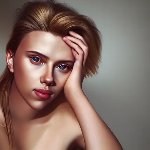 Prompt: intricate beautiful hyperreal portrait of a young scarlett johansson,, hair in a ponytail, smiling softly, casual clothes, relaxing on the couch, home interior, golden hour, close up shot, 8 k, art by irakli nadar, hyperrealism, hyperdetailed, ultra realistic