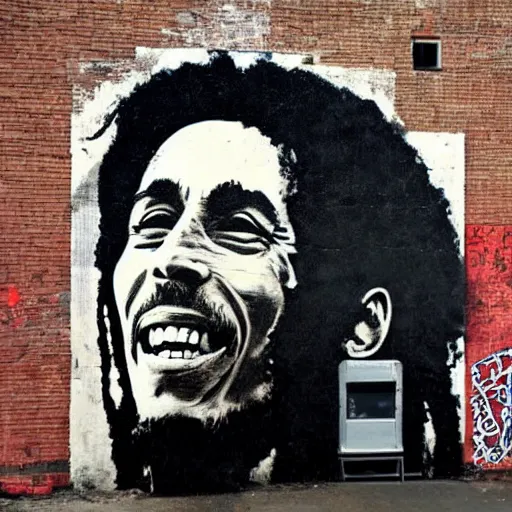 Image similar to Street-art portrait of Bob Marley in style of Banksy, photorealism